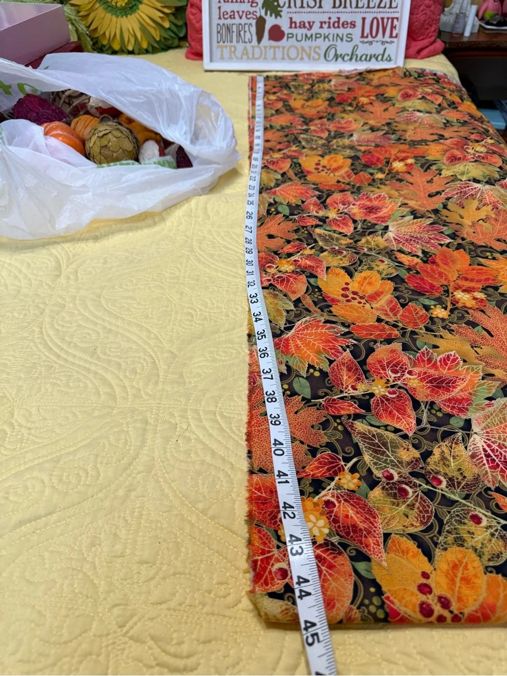 Autumn Harvest Decorative Picture Fall Fabric with Mini Pumpkins Lot